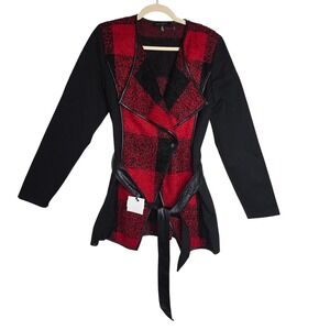 JOLIBEL NWT Deadstock W's Plaid Open Front Belted Blazer Black Red Size 10 Faux
